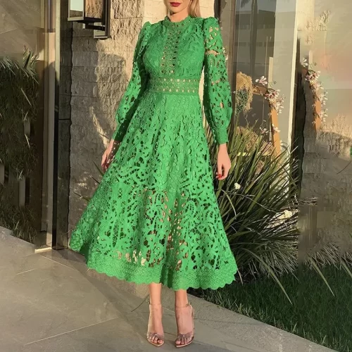 Vintage Hollow-Out Elegant Lace Dress - Long Sleeve High Waist
