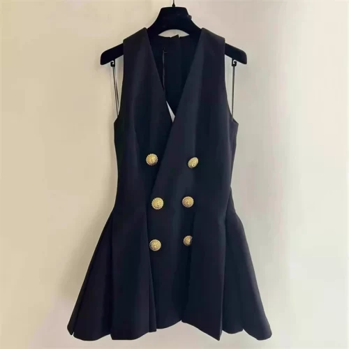 V-Neck Double-Breasted A-Line Mini Dress 10 y2k summer new women s V neck metal double breasted sleeveless dress 2024 high quality fashion 4