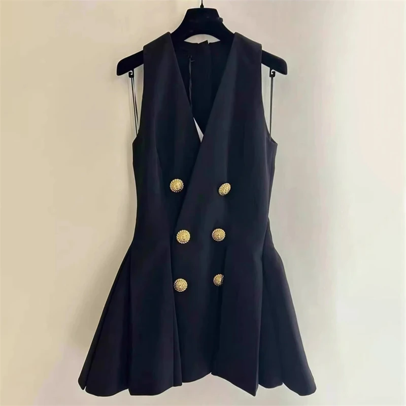 V-Neck Double-Breasted A-Line Mini Dress 5 y2k summer new women s V neck metal double breasted sleeveless dress 2024 high quality fashion 4
